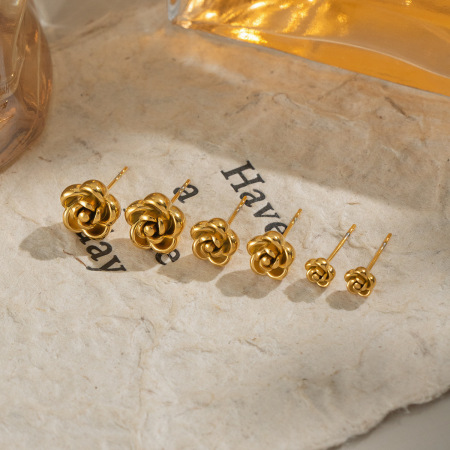 1 paire de boucles d'oreilles puces pour femme, en acier inoxydable, couleur or, motif floral, série Simple 2