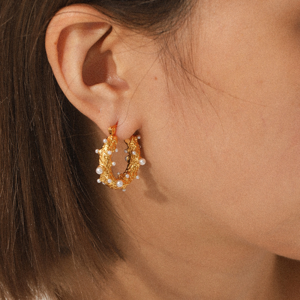 1 Paire De Boucles D'Oreilles Créoles Pour Femme, En Acier Inoxydable Imperméable, Couleur Or, Forme Irrégulière, Ornées De Perles. h5Image5