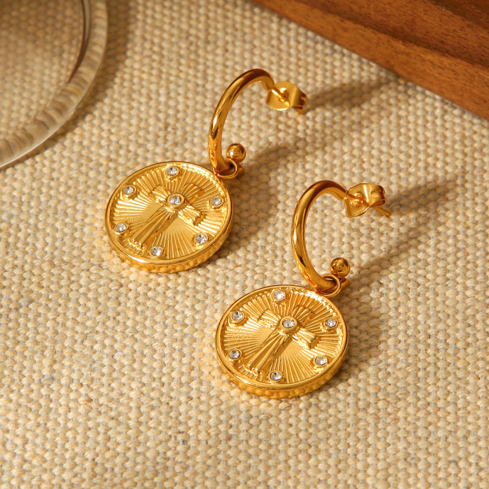 1 Paire De Boucles D'Oreilles Pendantes Daily Cross Pour Femme, En Acier Inoxydable Étanche, Couleur Or, Avec Zircon. Image4