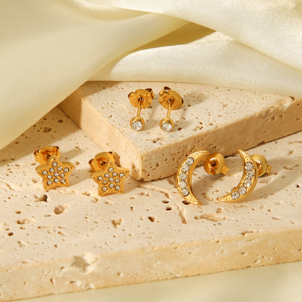 Ensemble De Boucles D'Oreilles Luxueuses Pour Femme, En Acier Inoxydable Doré, Ornées De Zircon, Représentant Une Étoile Et La Lune. Image5