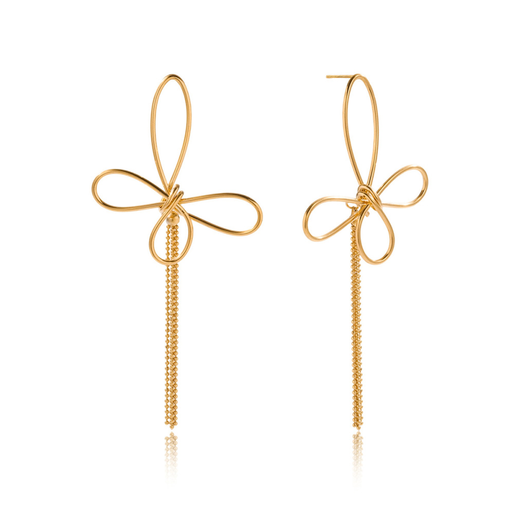 1 Paire De Magnifiques Boucles D'Oreilles Pendantes Pour Femme, En Acier Inoxydable Doré, Avec Nœud Papillon Et Pompon. 