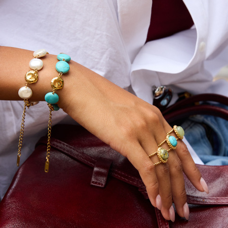 Ensembles de bijoux pour femmes en perles de calaïte annulaires, acier inoxydable, couleur or, étanches 2