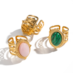 Bague Pour Femme En Acier Inoxydable Doré, Style Rétro, Avec Lignes Ovales Et Pierre Naturelle. h5 Image6