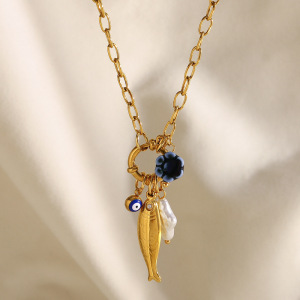 Collier Pendentif Femme En Acier Inoxydable Doré, Motif Poisson Fantaisie (1 Pièce) h5 Image3