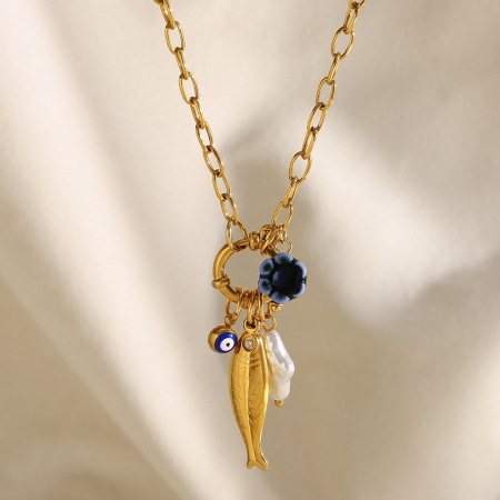 Collier pendentif femme en acier inoxydable doré, motif poisson fantaisie (1 pièce) 2