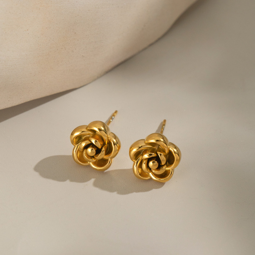 1 Paire De Boucles D'Oreilles Puces Pour Femme, En Acier Inoxydable, Couleur Or, Motif Floral, Série Simple Image4