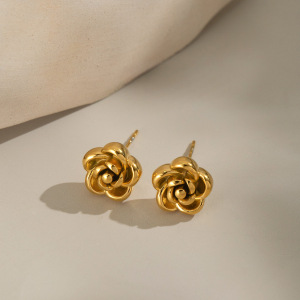 1 Paire De Boucles D'Oreilles Puces Pour Femme, En Acier Inoxydable, Couleur Or, Motif Floral, Série Simple h5 Image4
