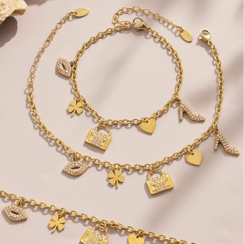 Ensembles De Bijoux Pour Femmes En Acier Inoxydable Imperméable, Motif Cœur Et Trèfle, Couleur Or. Image2