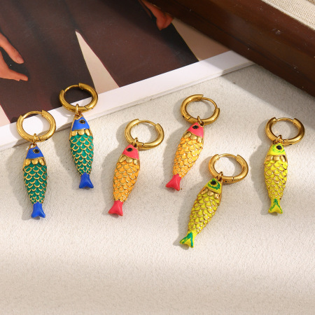 Boucles d'oreilles pendantes pour femme, motif poissons éclatants, en acier inoxydable étanche, couleur or (1 paire).