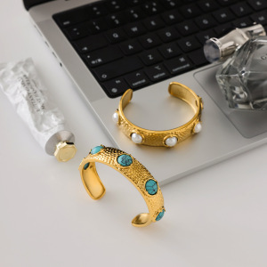 Bracelet Manchette Rétro Rond En Acier Inoxydable Étanche Couleur Or Avec Pierre Naturelle (1 Pièce) h5 Image5