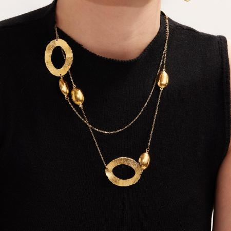Collier long pour femme, en acier inoxydable doré, imperméable, avec motif martelé simple (1 pièce)