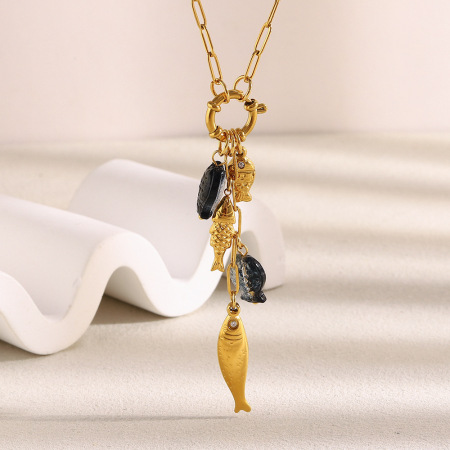 Collier pendentif femme romantique en acier inoxydable, couleur or, motif poisson (1 pièce)