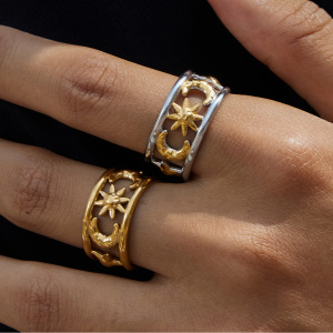 Bague Tendance Chic Sun&Moon En Acier Inoxydable Étanche Couleur Or (1 Pièce) h5 Image2