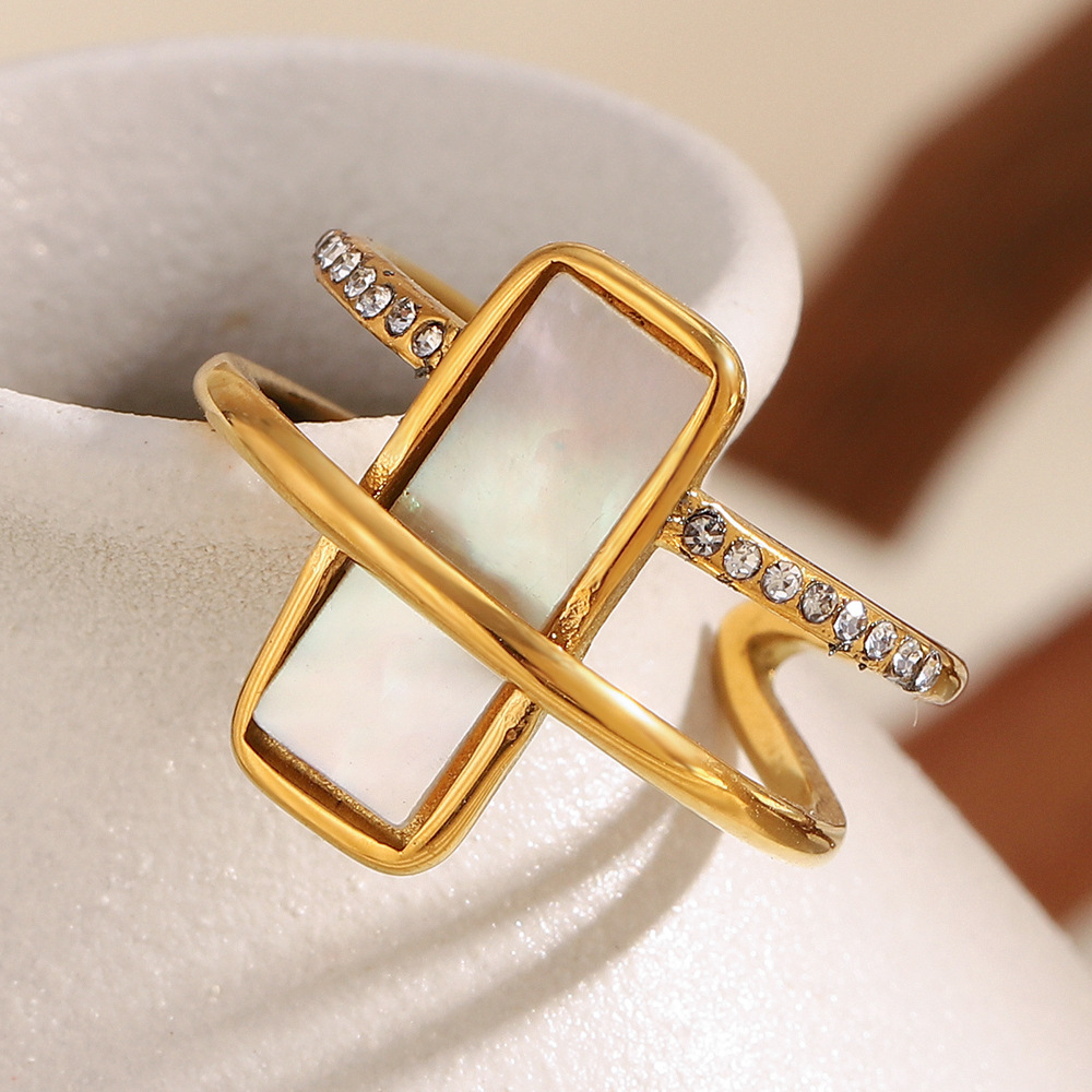 Bague Élégante Rectangulaire En Acier Inoxydable, Étanche, Couleur Or, Ornée D'Un Coquillage. Image4