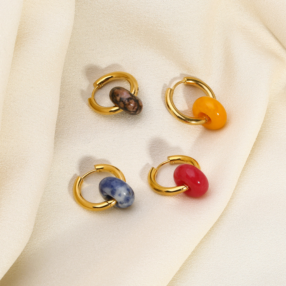 1 Paire De Boucles D'Oreilles Pendantes Vintage Rondes En Acier Inoxydable Doré Étanche Avec Pierre Naturelle Pour Femme Image4
