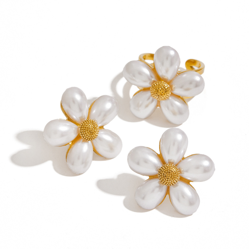1 Paire De Boucles D'Oreilles Puces Élégantes En Acier Inoxydable Doré, Imperméables, À Motif Floral Et Coquillage. Image6