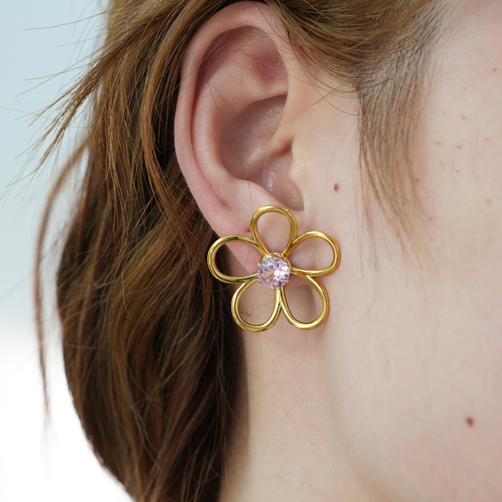 1 Paire De Bagues Simples En Acier Inoxydable Imperméable Couleur Or Avec Zircon Et Motif Floral Naturel h5Image7