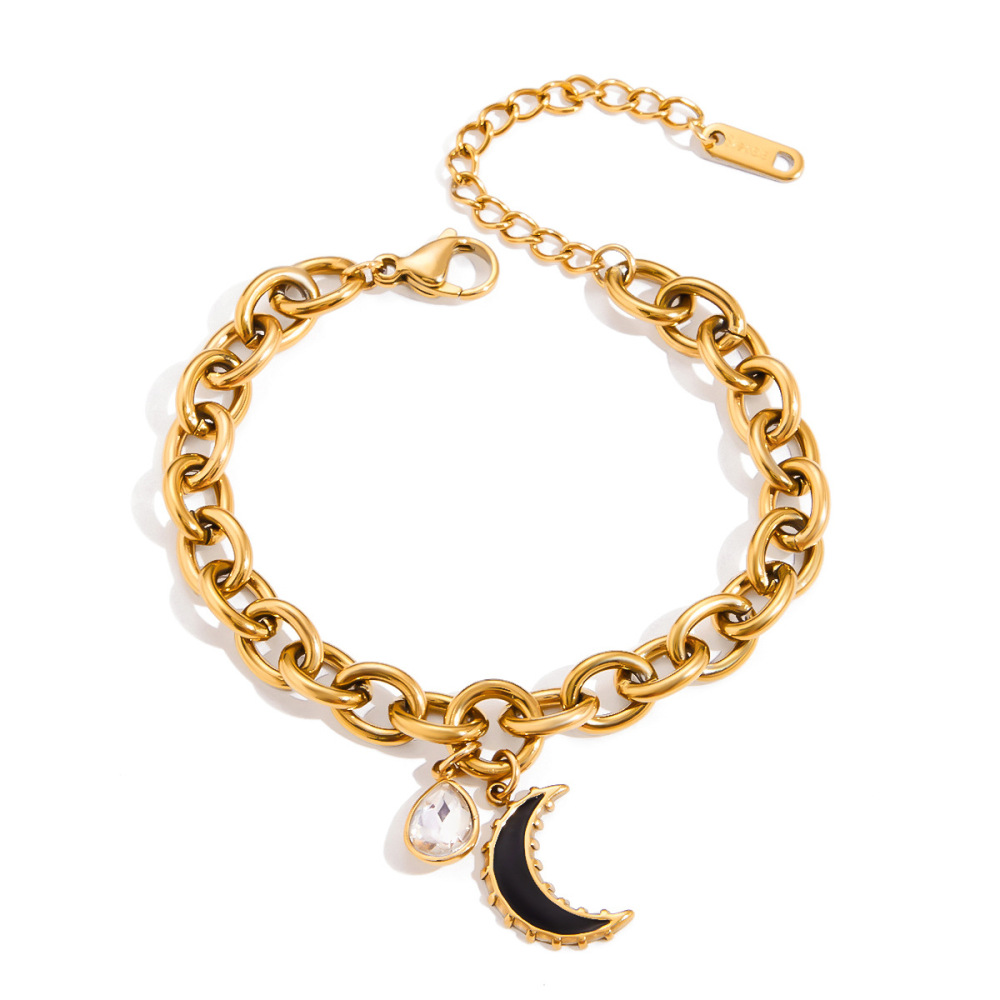 Bracelet À Breloques Classique Lune Pour Femme, En Acier Inoxydable Étanche, Couleur Or (1 Pièce).