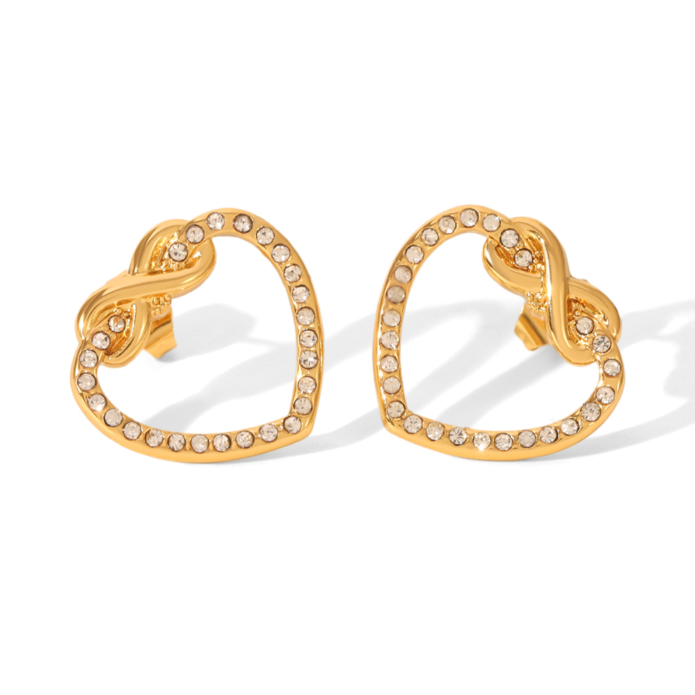 1 Paire De Boucles D'Oreilles Puces Pour Femme, Motif Cœur, En Acier Inoxydable Étanche, Couleur Or, Avec Zircon. 