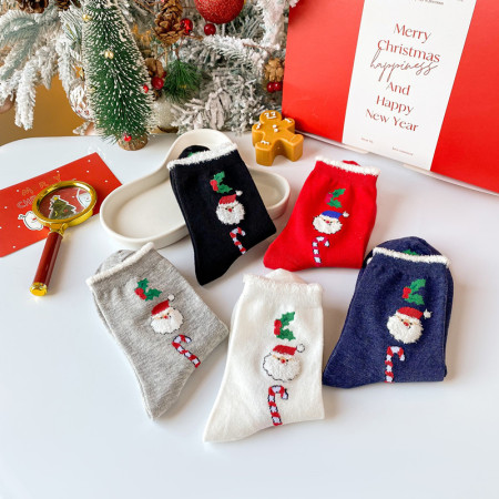 1 paire de chaussettes mi-mollet classiques en coton pour femme, motif Père Noël 2