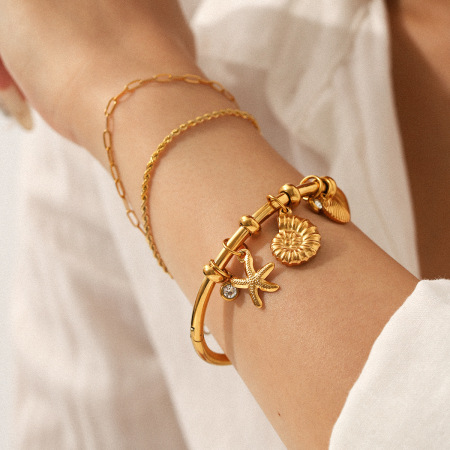 Bracelet jonc pour femme Daily Turtle en acier inoxydable, étanche, couleur or, avec zircon (1 pièce) 2