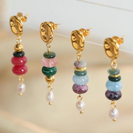 Boucles d'oreilles pendantes pour femme, en acier inoxydable doré, avec perles de pierre naturelle personnalisables (1 paire).