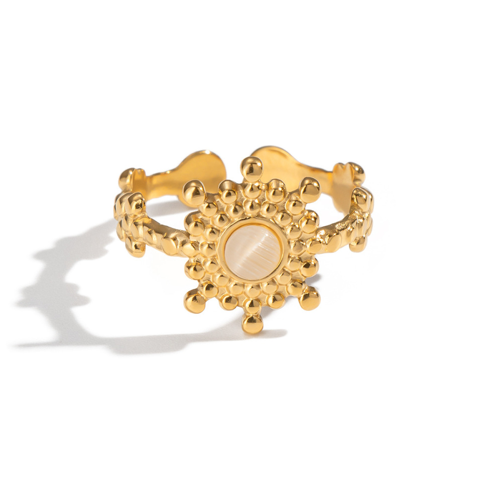 Bague Élégante Pour Femme En Acier Inoxydable, Imperméable Et Ornée D'Une Pierre Naturelle, Avec Motif Floral (1 Pièce). h5Image5