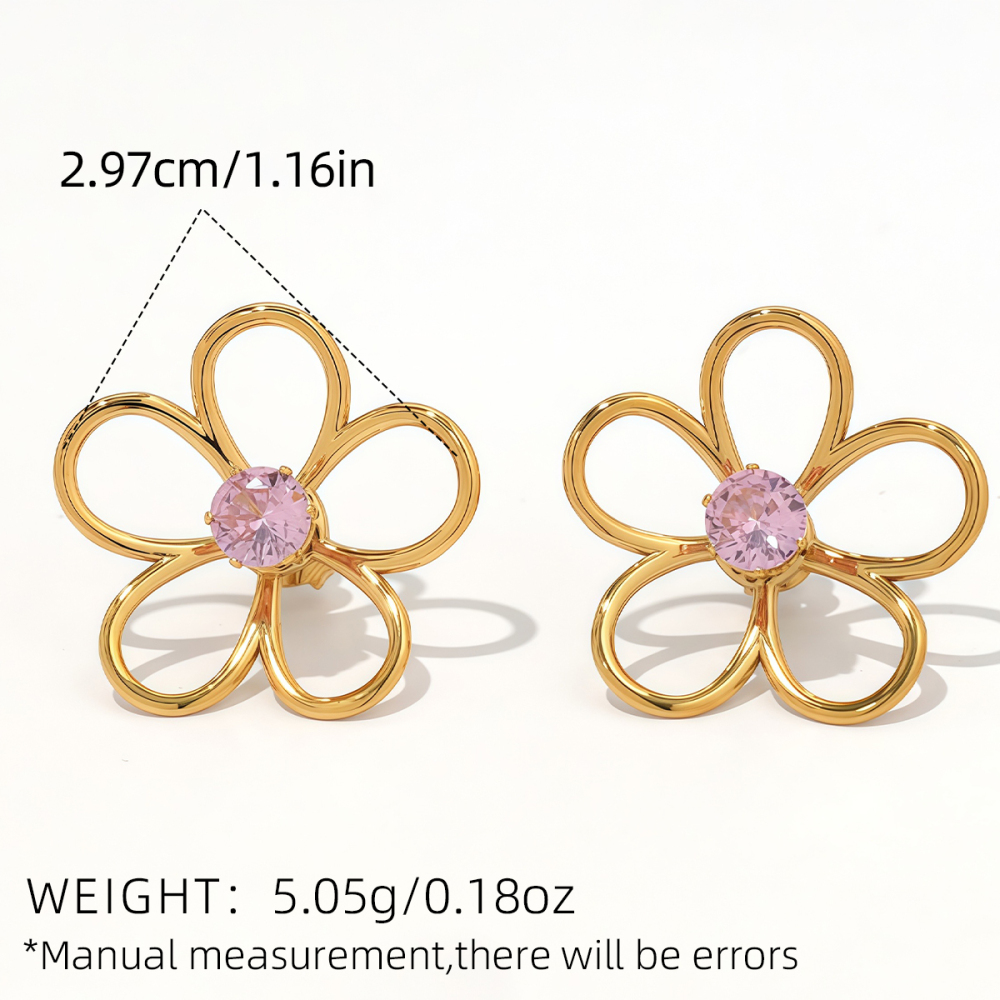 1 Paire De Bagues Simples En Acier Inoxydable Imperméable Couleur Or Avec Zircon Et Motif Floral Naturel h5Image2