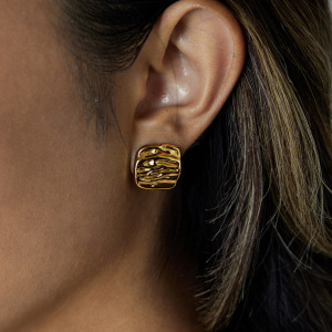 1 Paire De Boucles D'Oreilles Puces Pour Femme, En Acier Inoxydable Doré, Imperméables, À Fines Rayures Ondulées h5 Image4