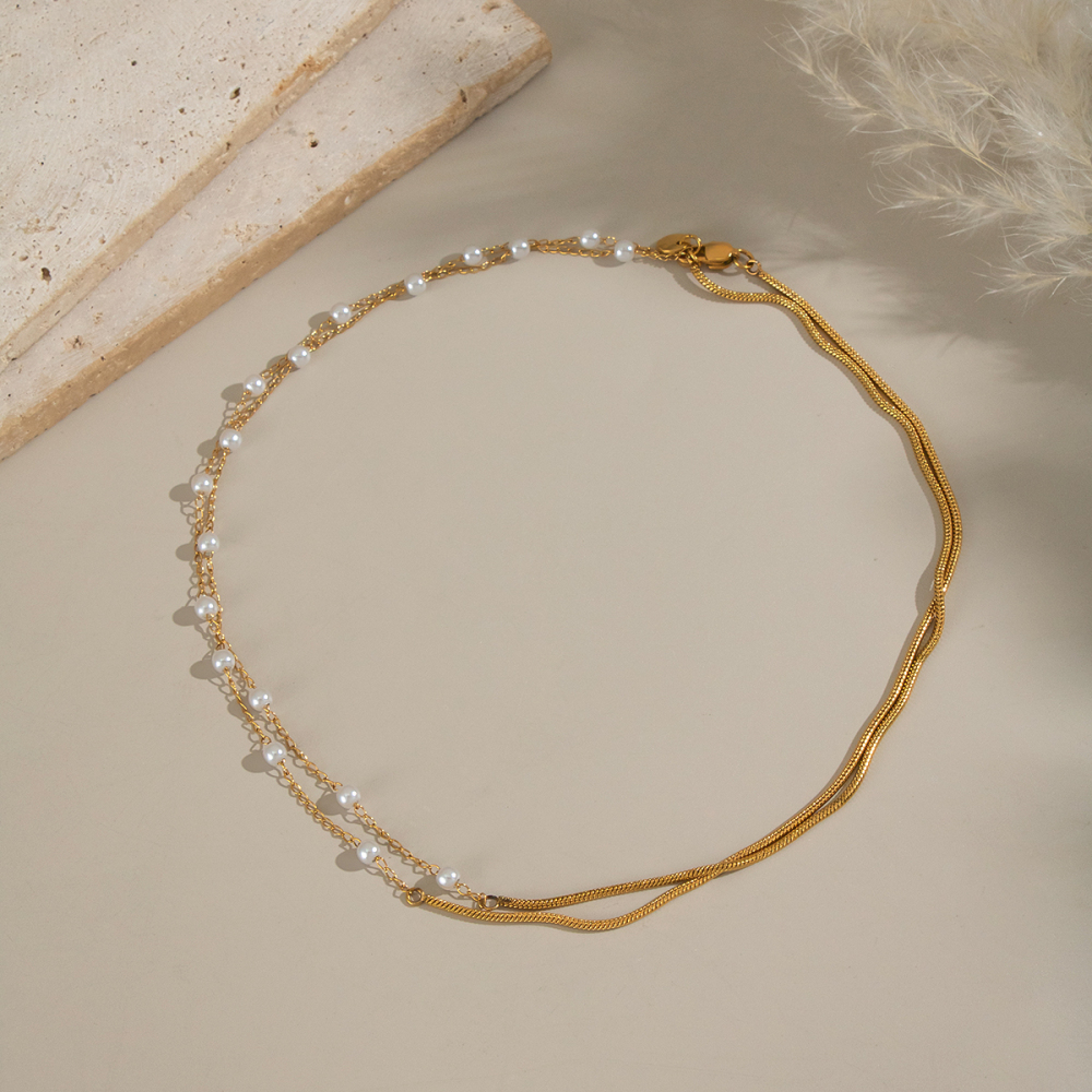 Collier À Plusieurs Rangs De Perles, En Acier Inoxydable Étanche Couleur Or Image5