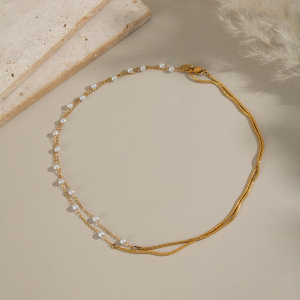 Collier À Plusieurs Rangs De Perles, En Acier Inoxydable Étanche Couleur Or h5 Image5