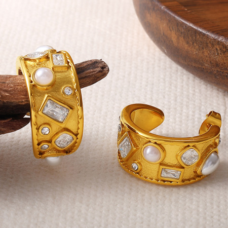 1 paire de boucles d'oreilles créoles en acier inoxydable étanche couleur or avec perles artificielles 2