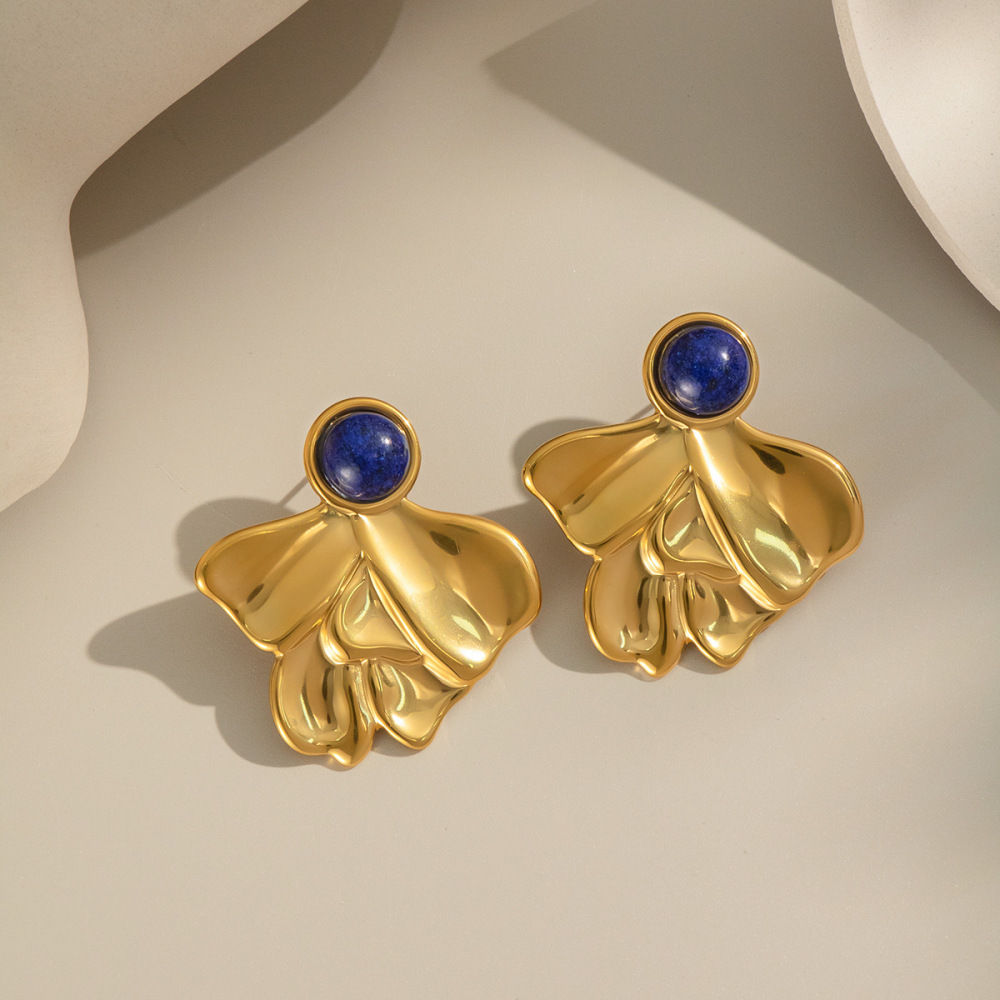Boucles D'Oreilles Puces Pour Femme, En Acier Inoxydable Doré, Imperméables, De Forme Irrégulière Et Serties De Pierres Naturelles (1 Paire). Image3