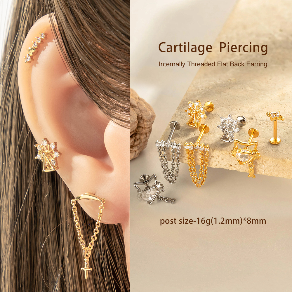 Boucle D'Oreille Piercing En Forme De Nœud Papillon En Cuivre Doré Et Zircon h5Image4
