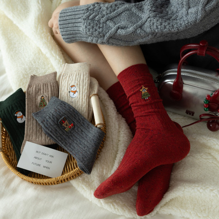 1 Paire De Chaussettes Mi-Mollet Classiques Et Décontractées En Coton Rouge Pour Femme, Motif Noël