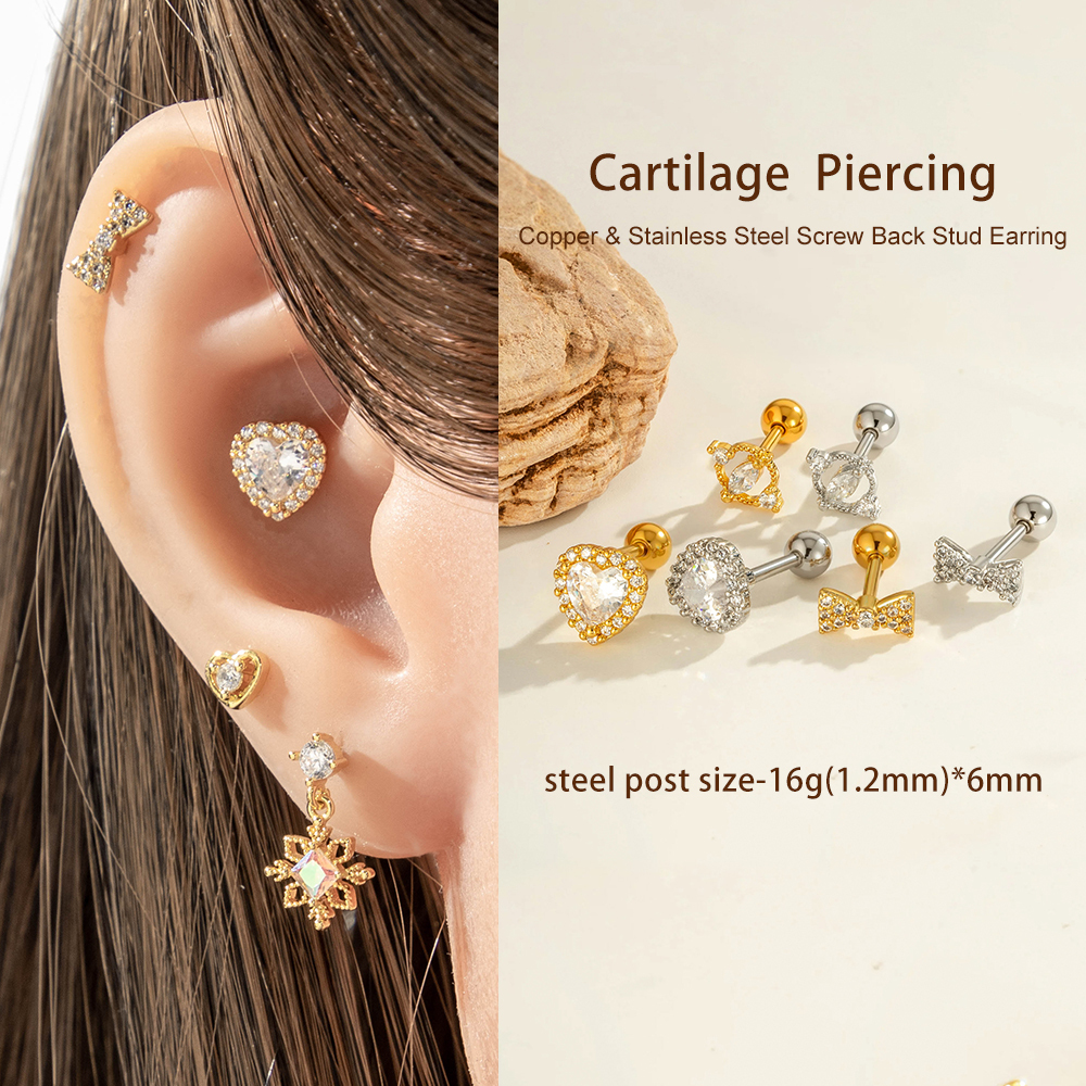 Boucle D'Oreille Piercing En Forme De Cœur, Nœud Papillon, Cuivre, Couleur Or Et Zircon h5Image4