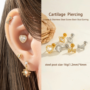 Boucle D'Oreille Piercing En Forme De Cœur, Nœud Papillon, Cuivre, Couleur Or Et Zircon h5 Image4