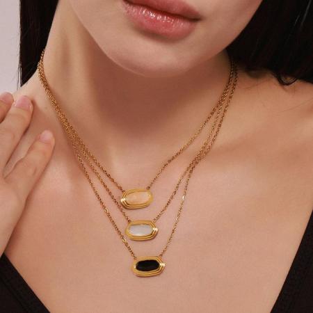 Collier pendentif élégant pour femme, en acier inoxydable hexagonal, couleur or, étanche, avec pierre naturelle (1 pièce)