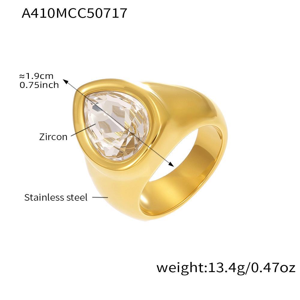 Bague Pour Femme En Acier Inoxydable Doré, Ornée D'Un Zircon Et D'Un Motif Goutte Romantique. 