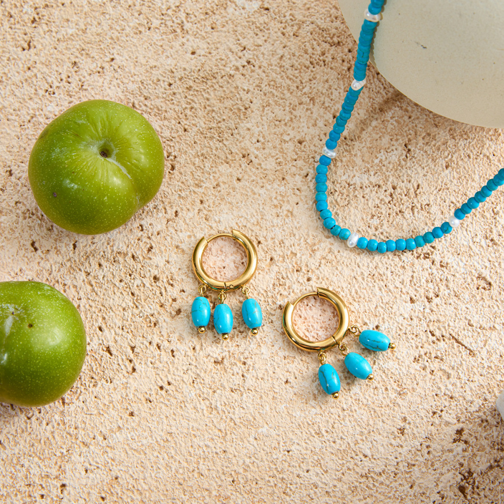 Boucles D'Oreilles Pendantes Élégantes Pour Femme, En Acier Inoxydable Doré Et Calaite, Imperméables, Avec Une Paire De Pierres. h5Image6