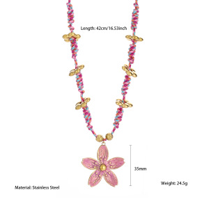 Collier Avec Pendentif En Acier Inoxydable Doré Pour Femme, 1 Pièce, Corde Tissée À La Main, Motif Floral h5 Image2