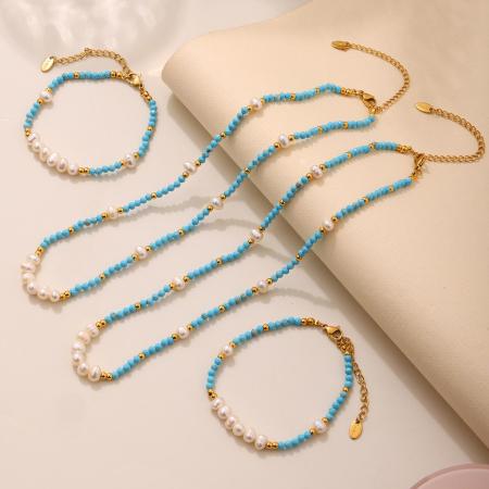 Ensembles de bijoux pour femmes en perles de calaïte, acier inoxydable, pierre naturelle dorée, imperméables 2
