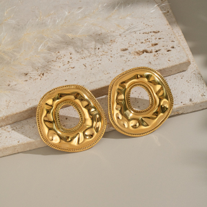 1 Paire De Boucles D'Oreilles Clous Rondes En Acier Inoxydable Imperméables, Motif Martelé h5 Image3