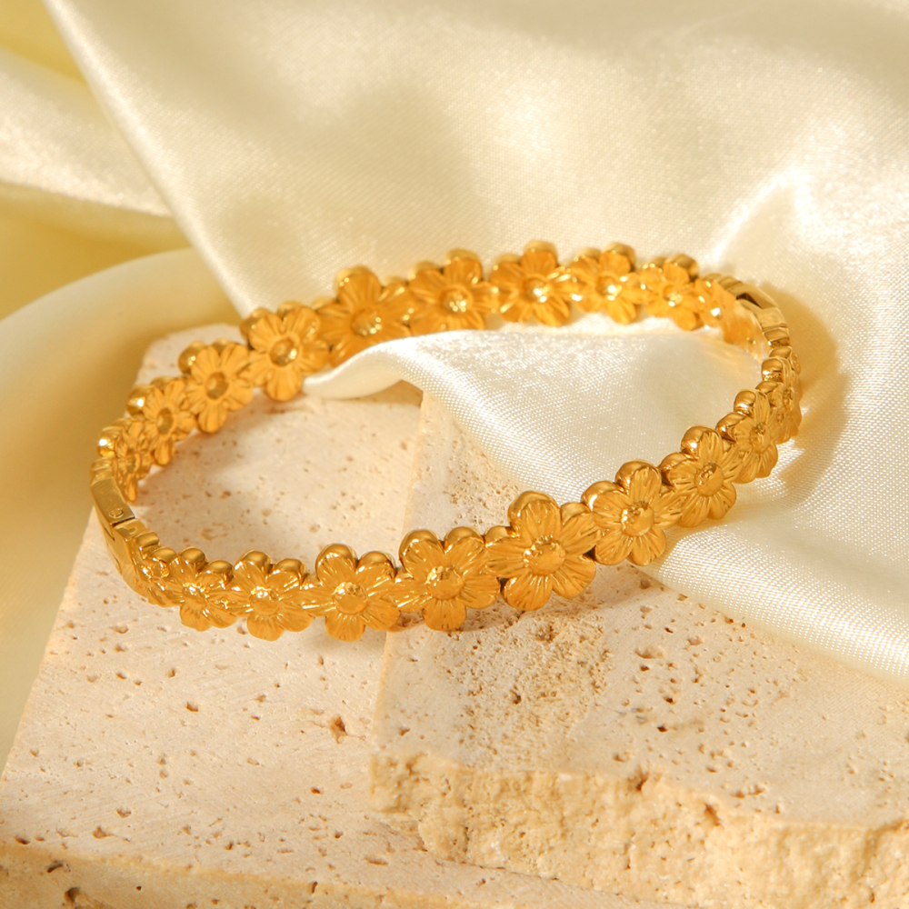 Bracelet Jonc Simple Pour Femme, Motif Floral Quotidien, En Acier Inoxydable Étanche, Couleur Or (1 Pièce) Image7