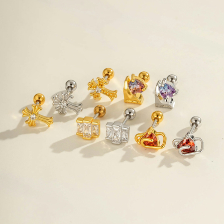 Boucle d'oreille piercing en forme de cœur, croix, cuivre, couleur or et zircon