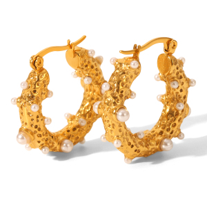 1 Paire De Boucles D'Oreilles Créoles Pour Femme, En Acier Inoxydable Imperméable, Couleur Or, Forme Irrégulière, Ornées De Perles. h5