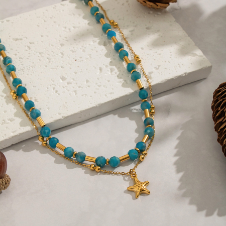 Collier en acier inoxydable étanche couleur or avec perles de pierre naturelle (1 pièce) 2