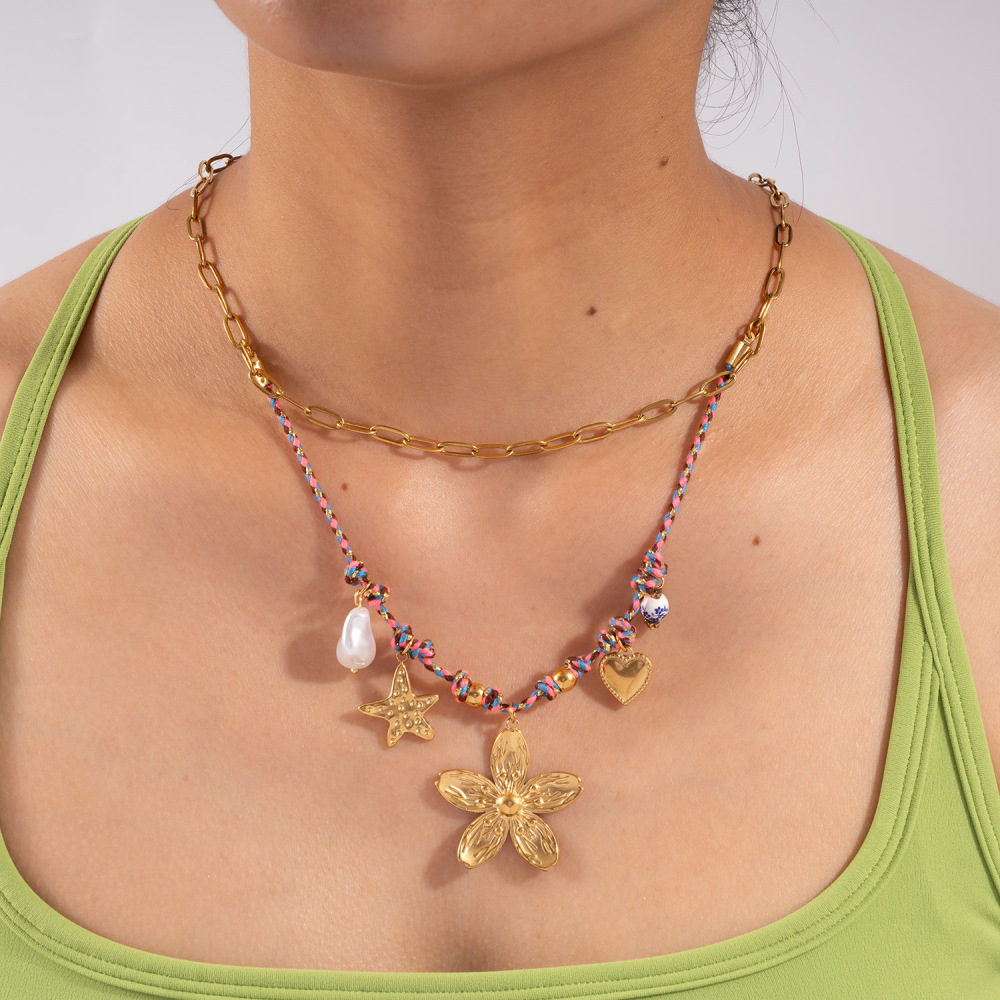Collier Tressé Pour Femme, En Acier Inoxydable, Couleur Or, Avec Motif Floral Éclatant (1 Pièce) Image4