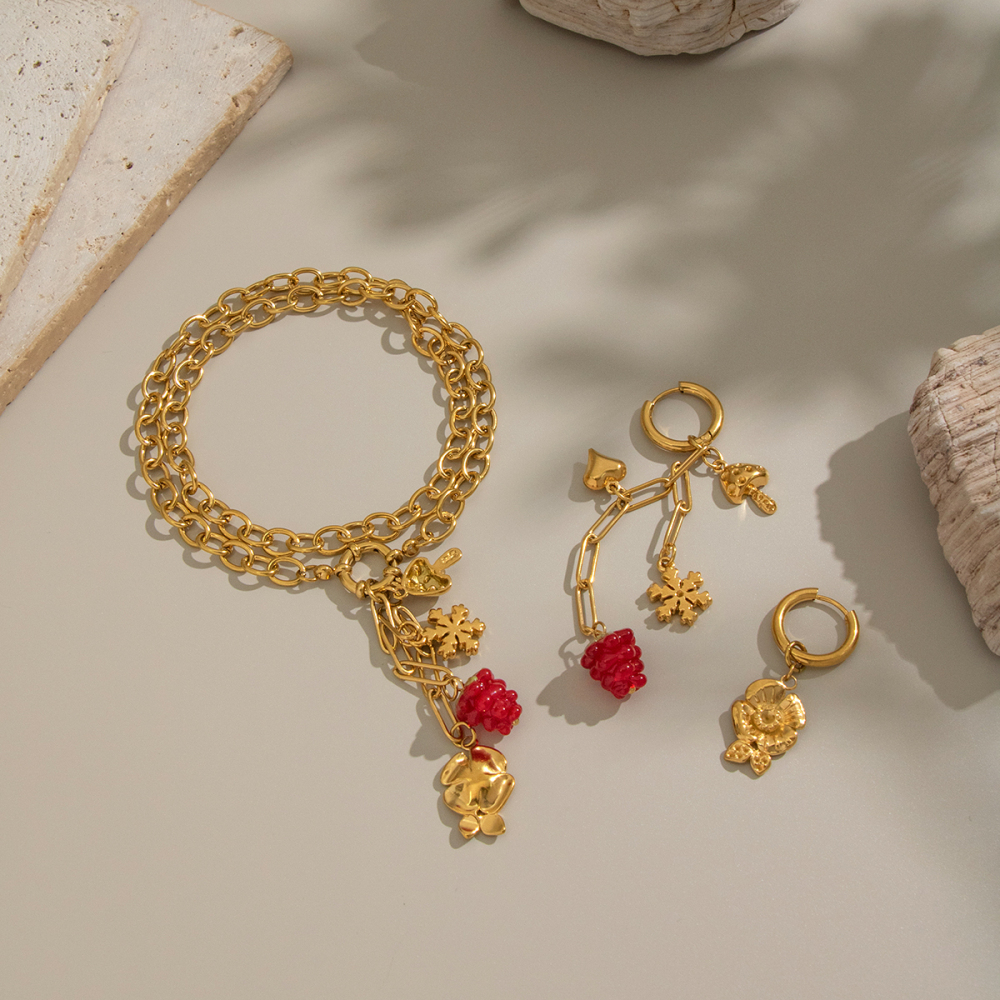 Ensemble De Colliers Romantiques En Acier Inoxydable Doré Avec Motif De Fleurs Et De Raisins, Imperméables. Image2