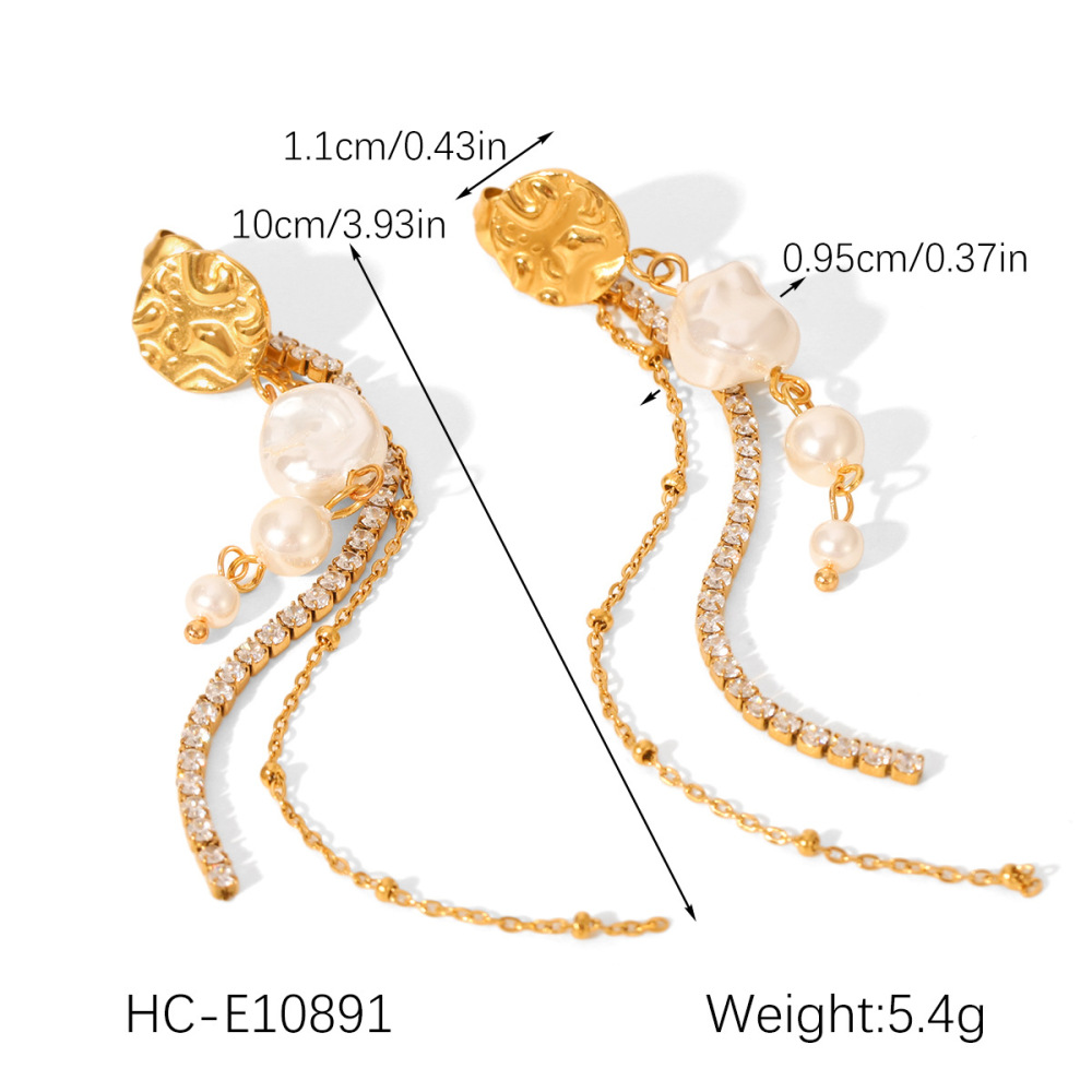Boucles D'Oreilles Simples À Pompons Pour Femmes, En Acier Inoxydable Imperméable, Couleur Or, Avec Perles (1 Paire). h5Image2